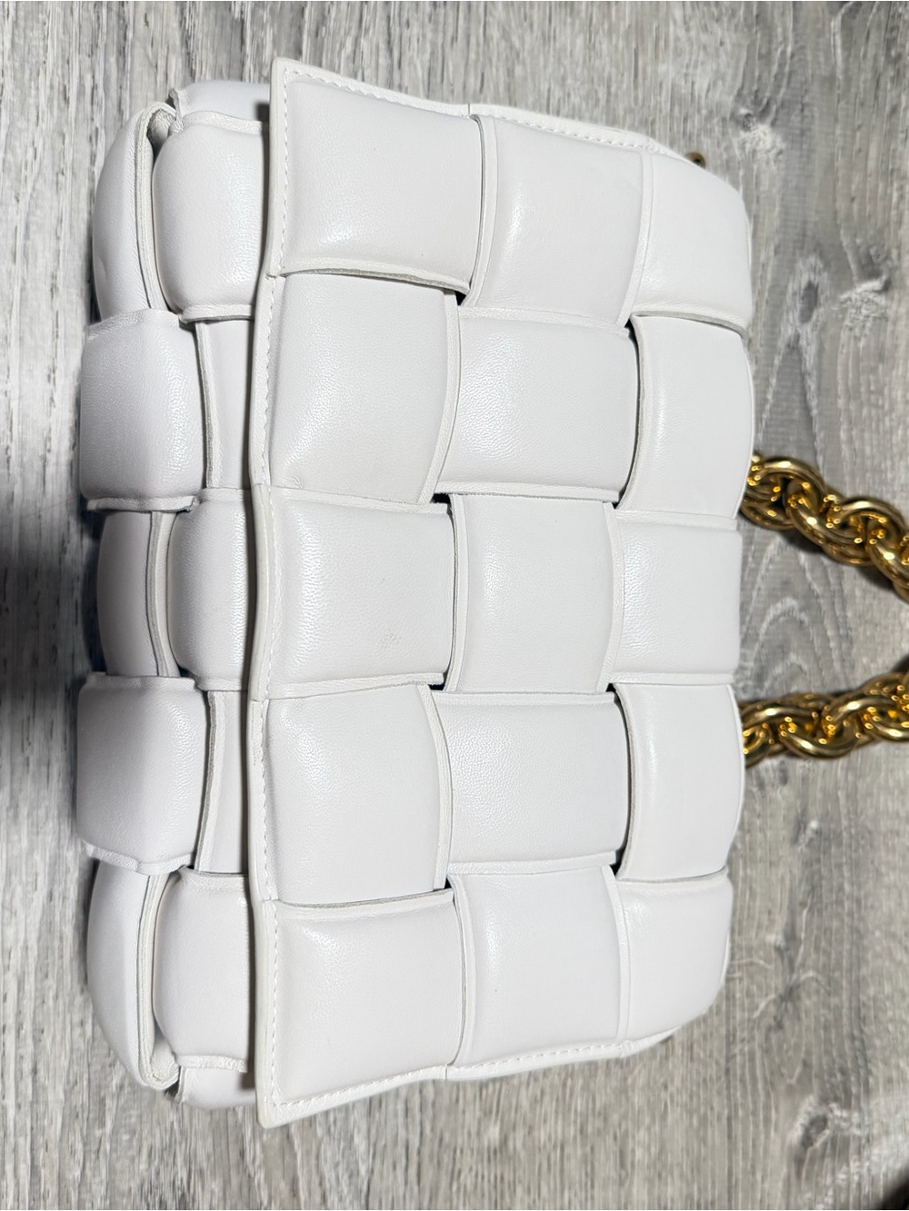 Bottega Veneta White Intrecciato Padded Shoulder Bag with Gold Chain